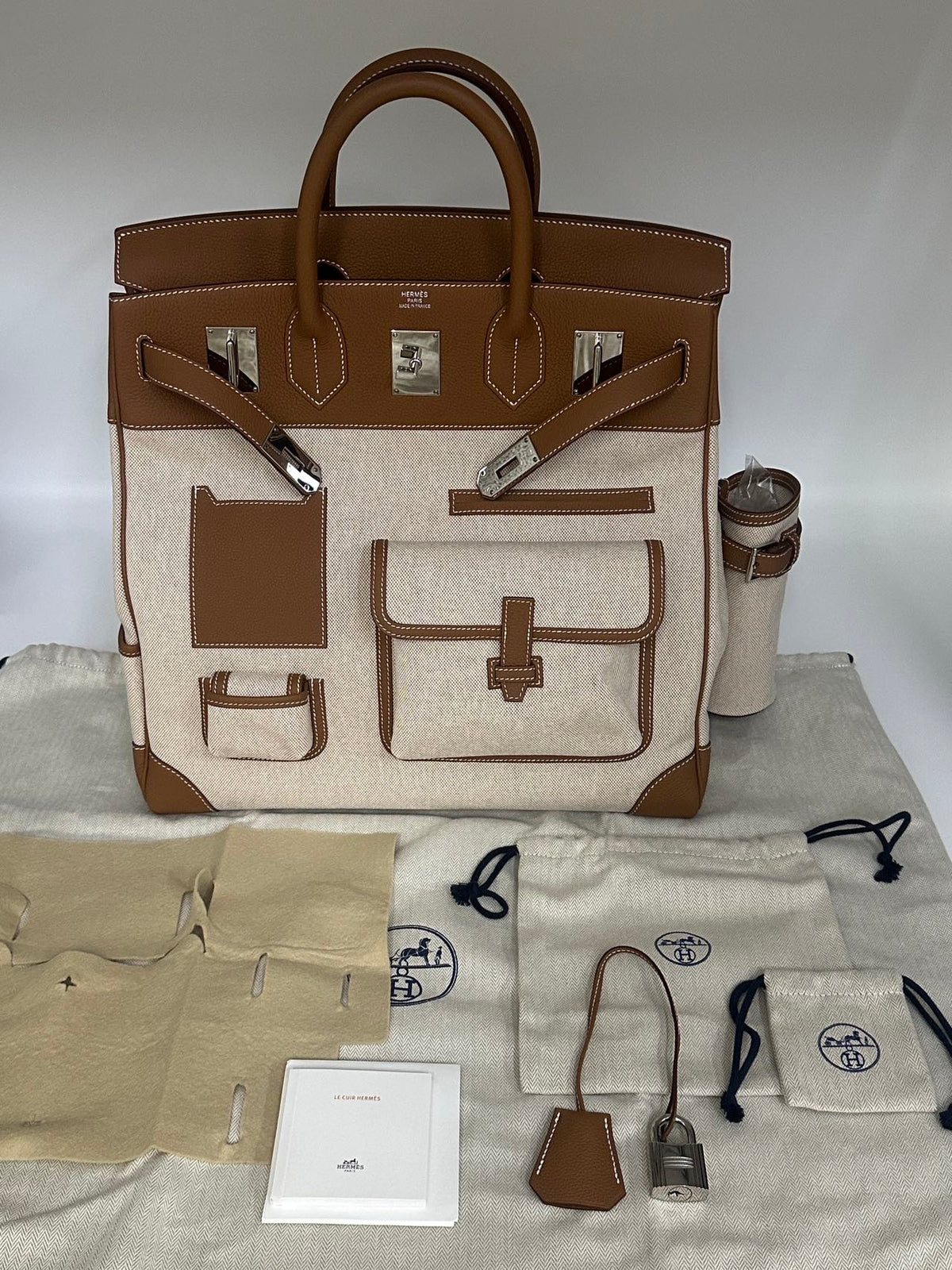 Hermes Birkin HAC 40 Cargo in canvas gold-brown leather palladium hardware