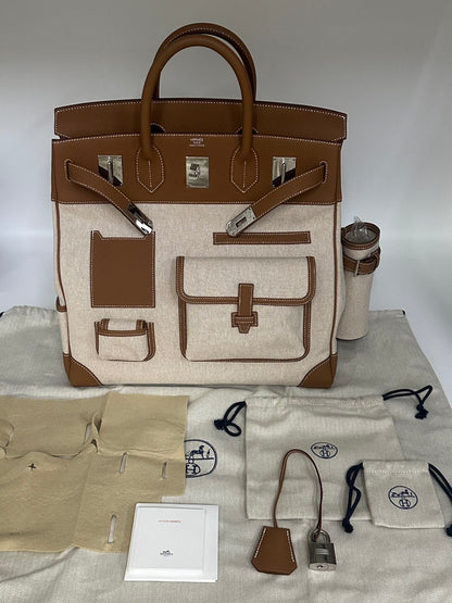 Hermes Birkin HAC 40 Cargo in canvas gold-brown leather palladium hardware
