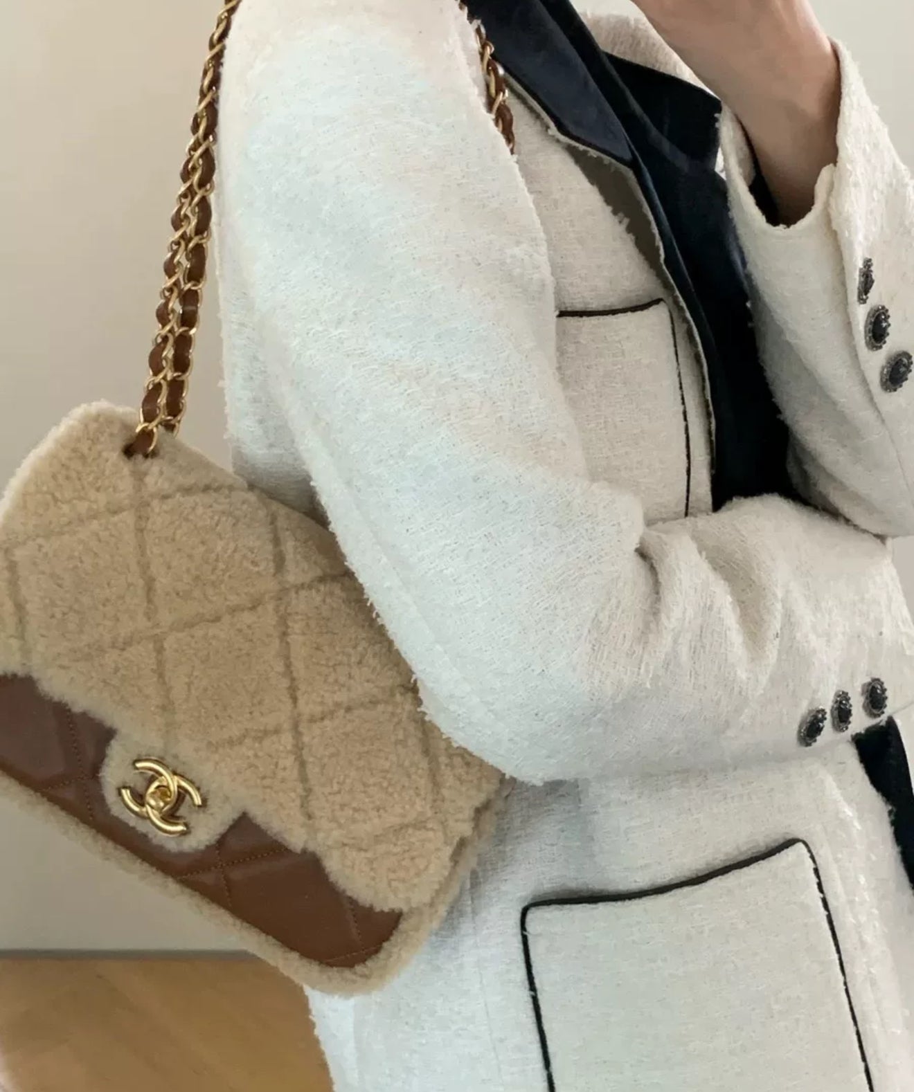Chanel 24K shearling fur & Brown Leather flap bag