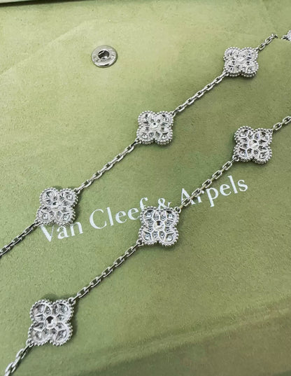 Van Cleef & Arpels 18k White Gold Diamond Set Vintage Alhambra Necklace