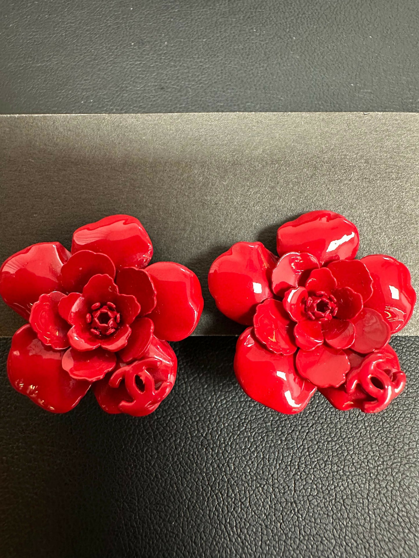 Chanel Vintage 2004 Resin Red Flower CC Clip-on Earrings