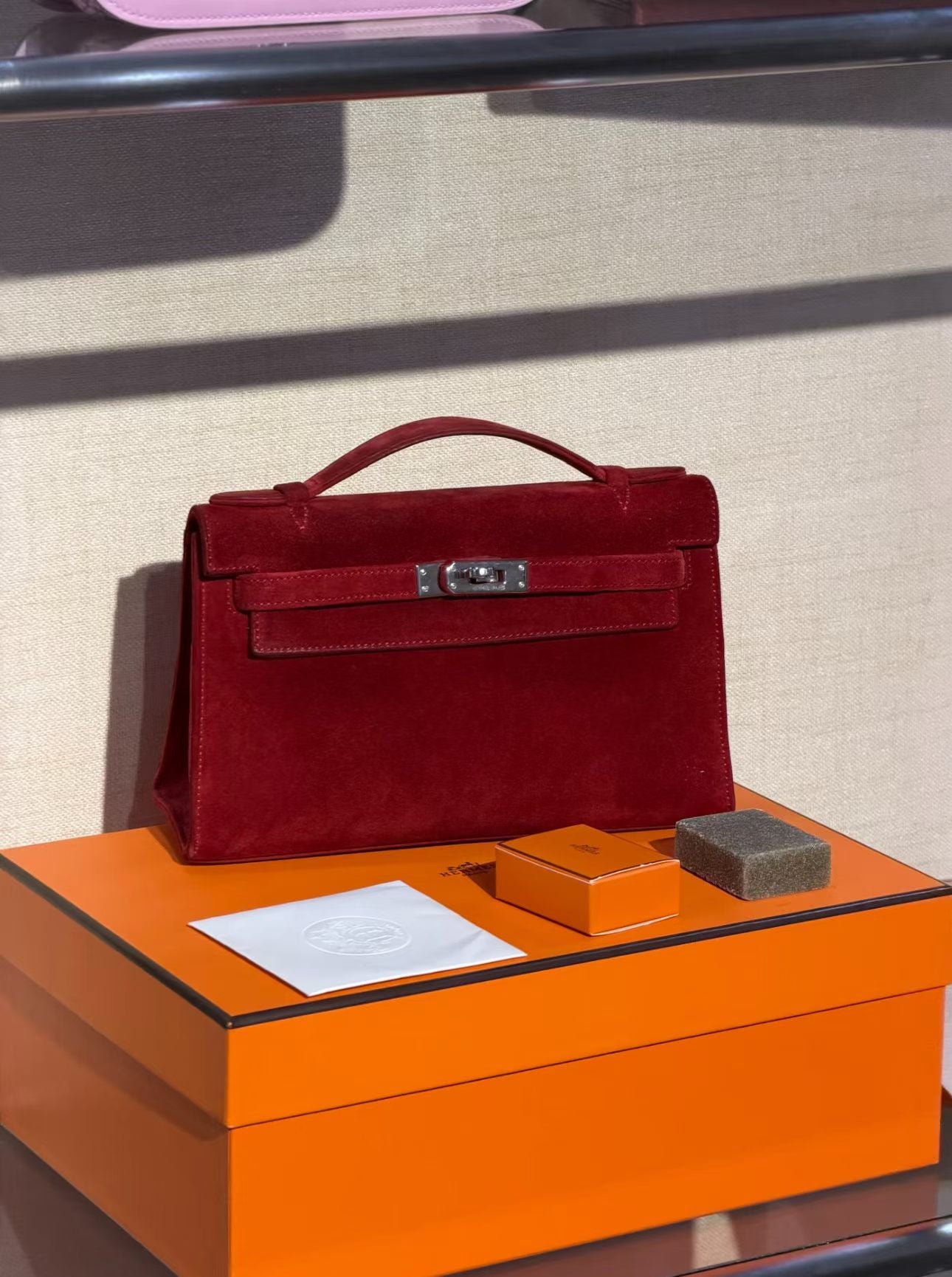 Hermes Kelly pochette red Doblis suede leather palladium hardware