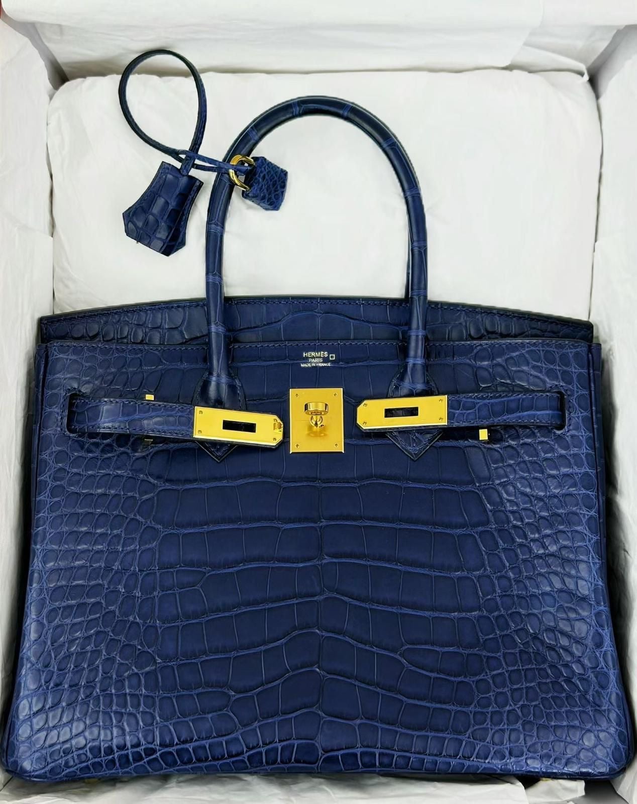 Hermes Birkin 30 Bleu Saphir Matte Alligator Gold hardware
