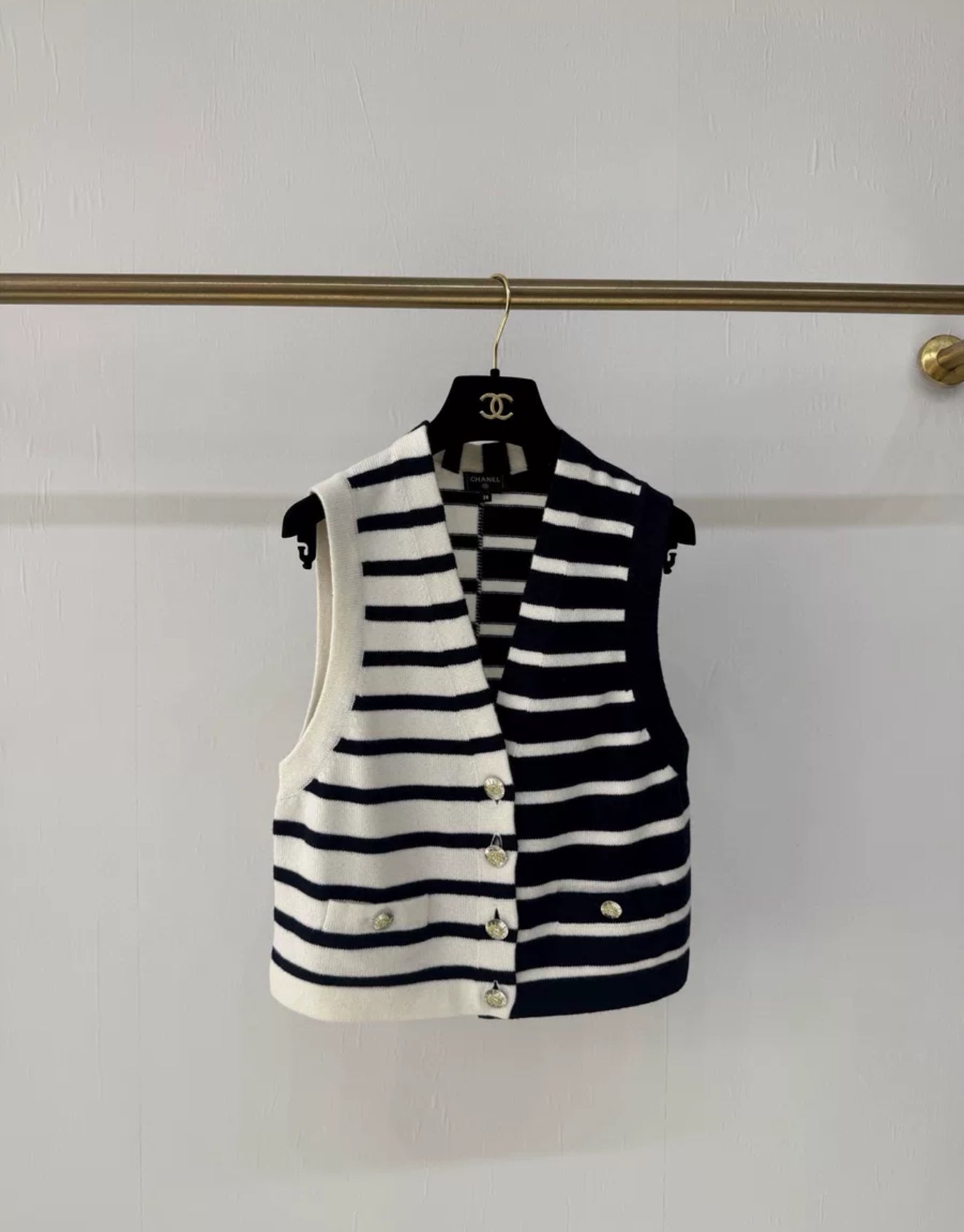 Chanel 24S black and white striped knitted vest