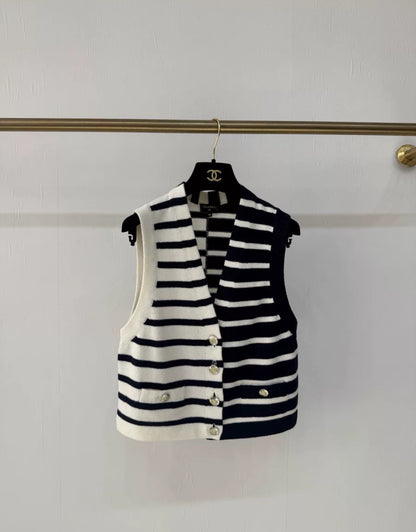Chanel 24S black and white striped knitted vest