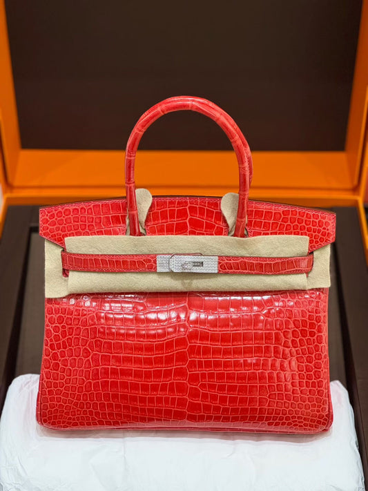 Hermes Birkin 30 Red Bougainvillea shiny crocodile leather 18k white gold diamond hardware
