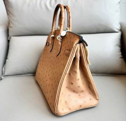 HERMÈS Ostrich Birkin 25 handbag in Chai with Gold hardware