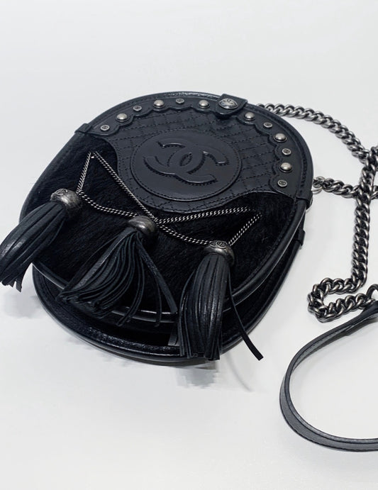Chanel 13A Black and Silver Tassel Edinburgh Saddle Chain Bag