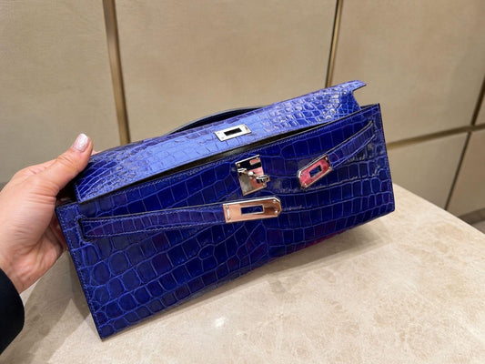 Hermes Kelly cut Bleu Electric Shiny Crocodile Palladium hardware