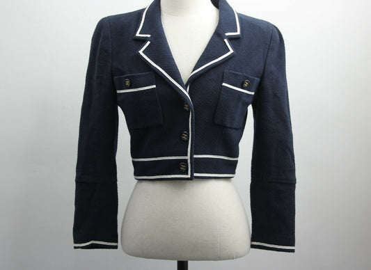 Chanel Vintage 1995 100% Cotton Navy Blue & White Autumn and Winter Short Jacket (Size 38)