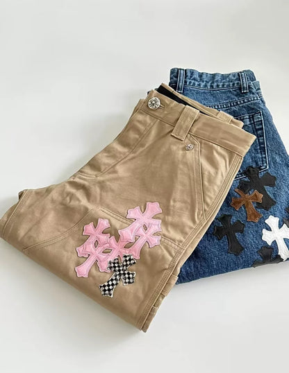 Chrome Hearts Tan Pink & Checkered Cross Patch Carpenter Pants