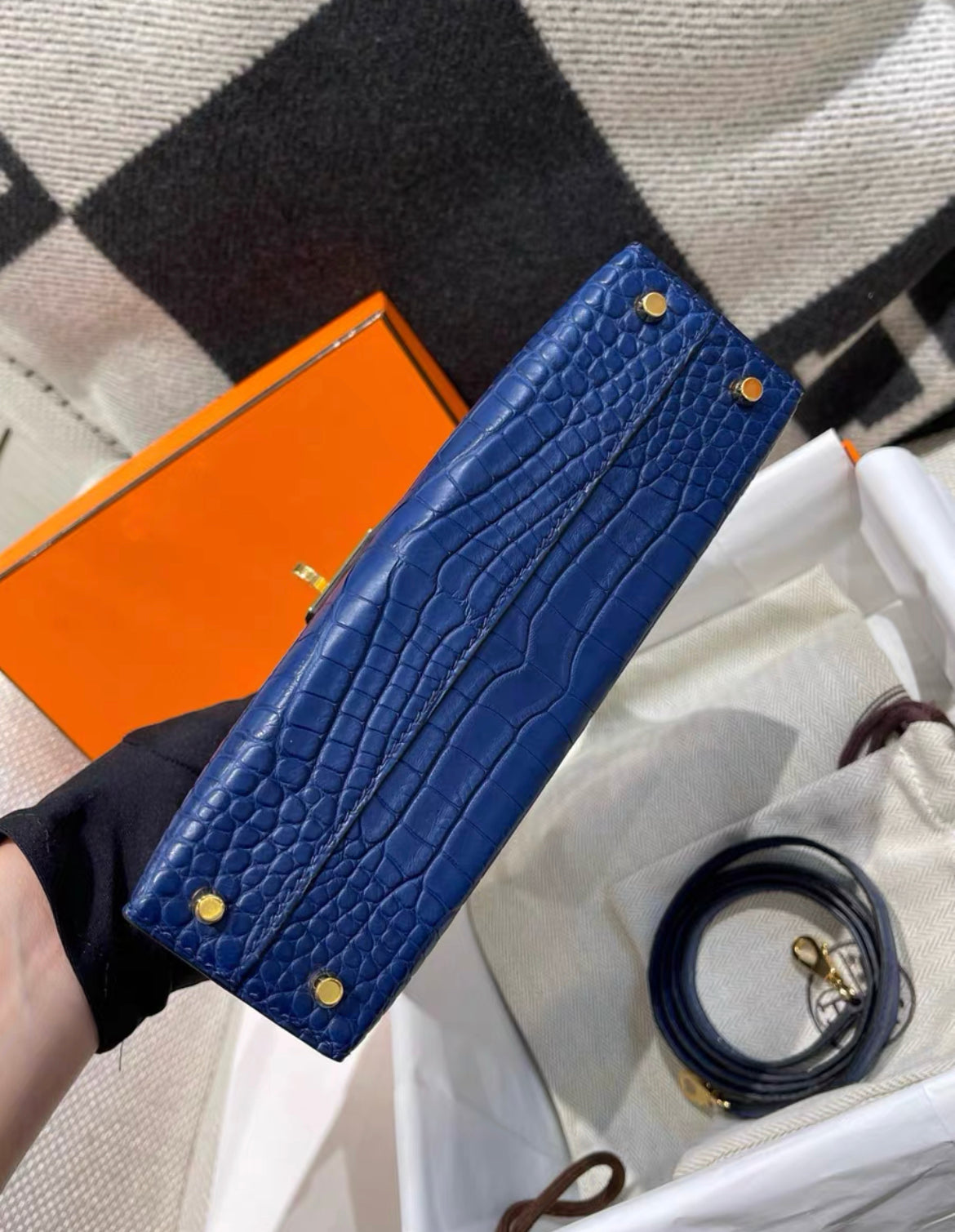 Hermès Mini Kelly Blue Sapphire Blue Crocodile Matte Gold Hardware