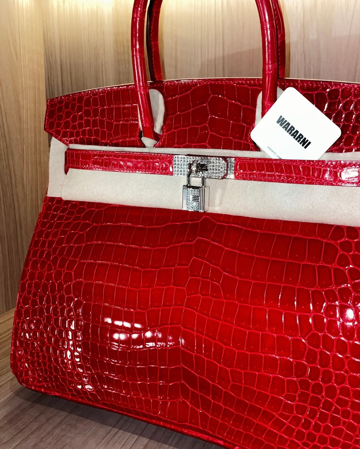 Hermès Birkin 35 Rouge Braise Shiny Porosus Crocodile – 18K White