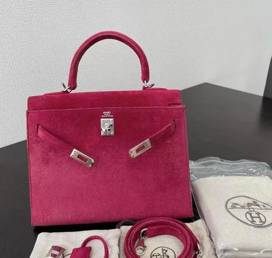Hermes Kelly 25 Rose Doblis Suede leather palladium hardware