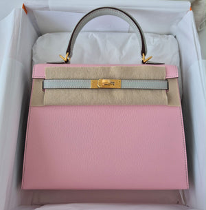 Hermes kelly 25 HSS rose Sakura x Gris Perle Chevre mysore brushed gold hardware
