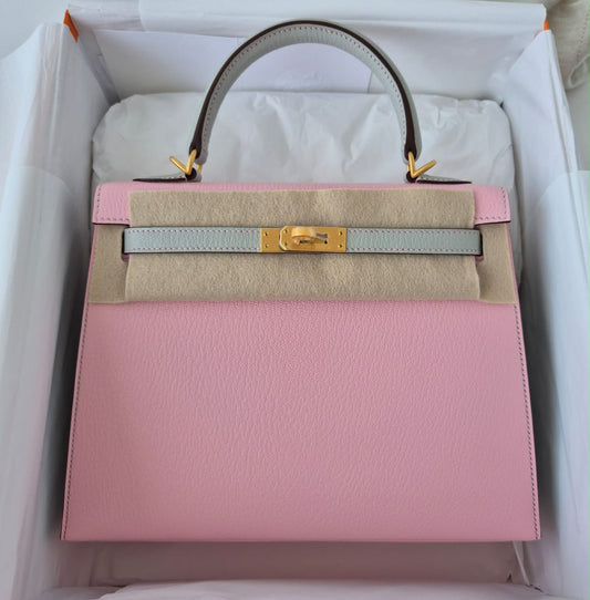 Hermes kelly 25 HSS rose Sakura x Gris Perle Chevre mysore brushed gold hardware