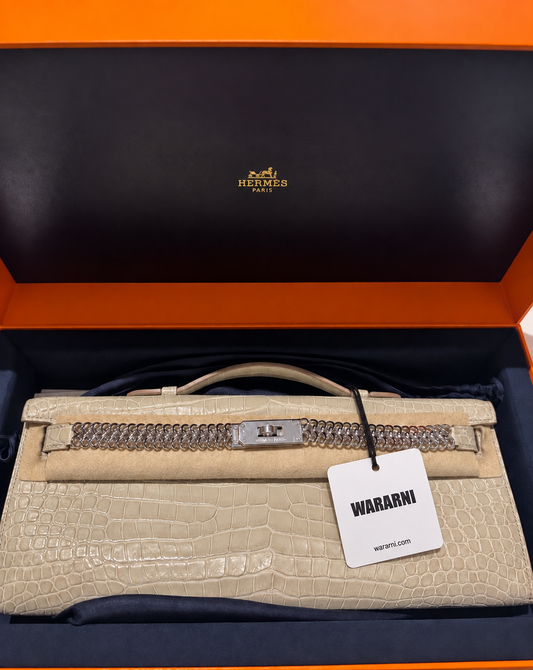 Hermes Kelly cut Unchained Beton Matte Porosus White Gold hardware