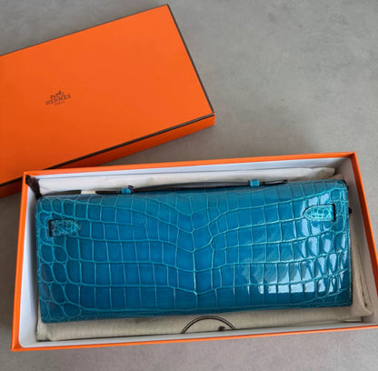 Hermès Shiny Niloticus Crocodile Kelly Cut Pochette Bleu Izmir