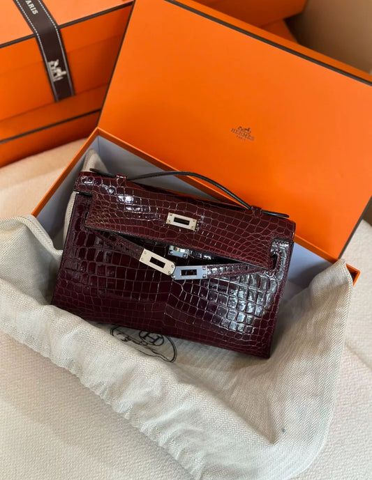 Hermes mini kelly Bordeaux Red Shiny Crocodile Leather Palladium Hardware