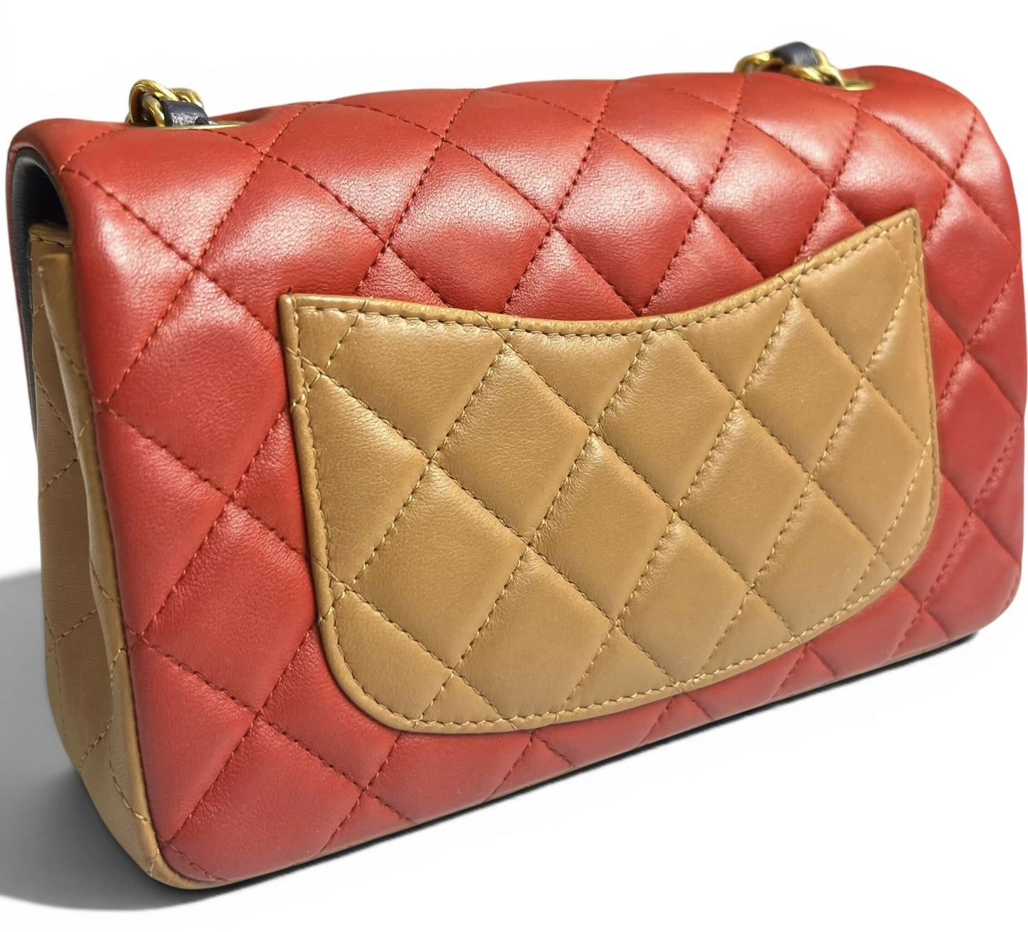 Rare Chanel 13A Edinburgh Tricolor Navy Red Caramel Quilted Lambskin Mini Classic Flap Bag GHW