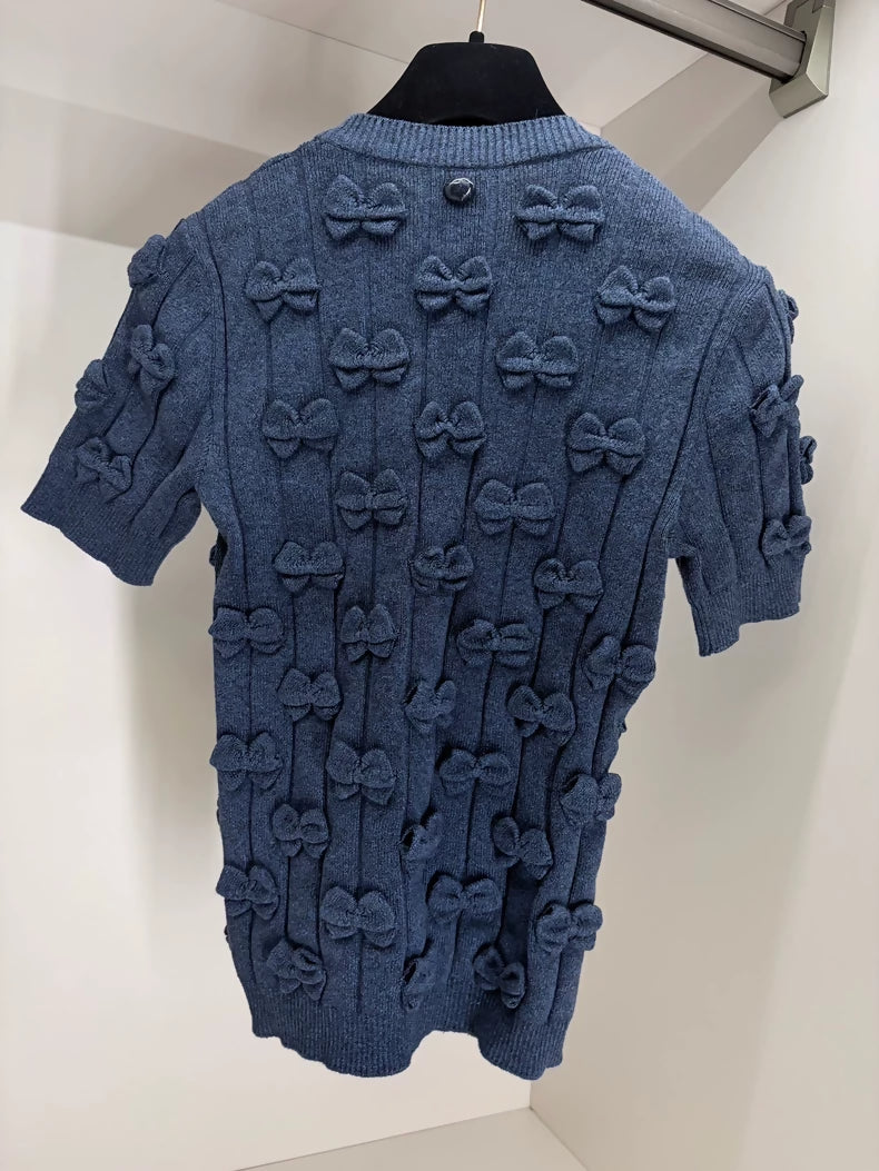 Chanel 15P Navy Blue Cashmere T-Shirt with Bows