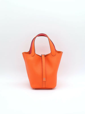 Hermès Picotin 18 Éclat Clemence / Swift Orange Minium / Rose Azalée PHW W 2024