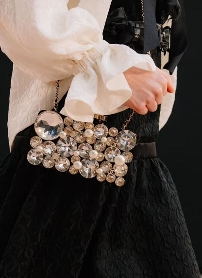 Chanel Fall-Winter 2025/26 oversized rhinestones, pearls, and double C jewels evening bag