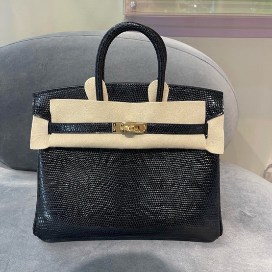 Hermes Birkin 25 Black Shiny Lizard Gold Hardware