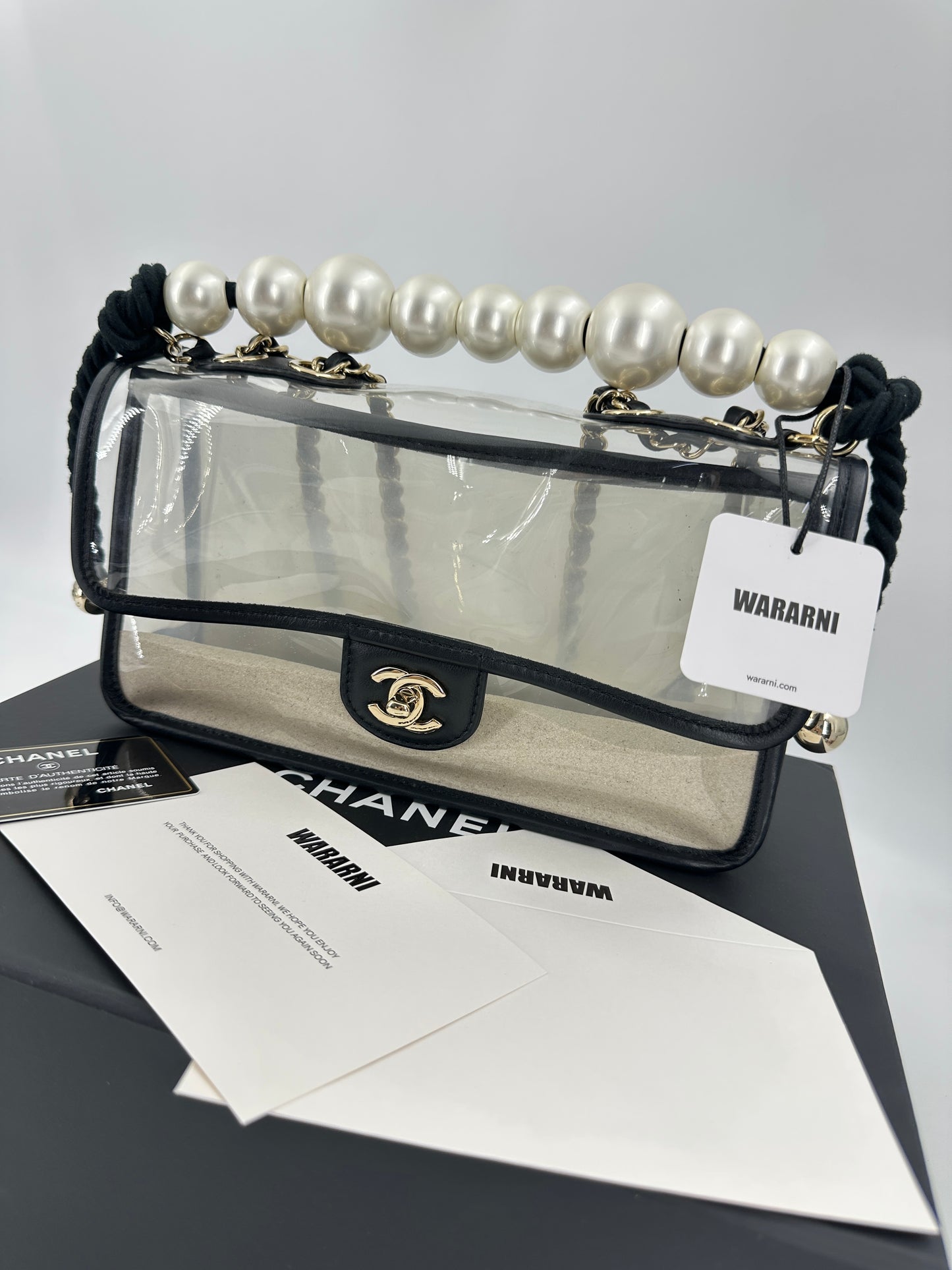 Chanel Black Lambskin PVC Sand By The Sea With Pearl Strap Flap Bag