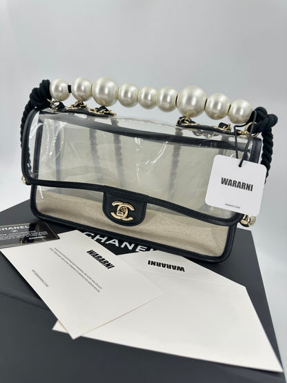 Chanel Black Lambskin PVC Sand By The Sea With Pearl Strap Flap Bag