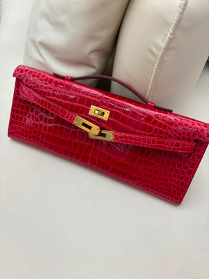 Hermes Kelly cut Braise shiny porosus crocodile leather gold hardware