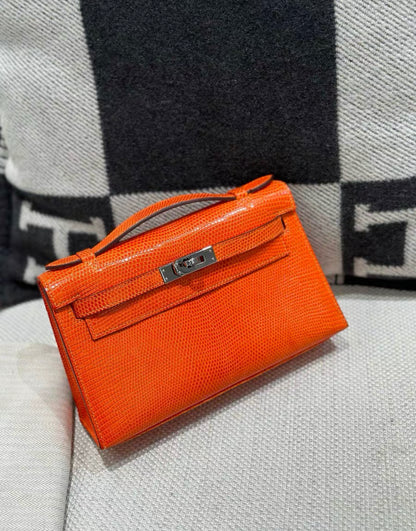 HERMES Mini Kelly Pochette Orange Lizard Leather Palladium Hardware