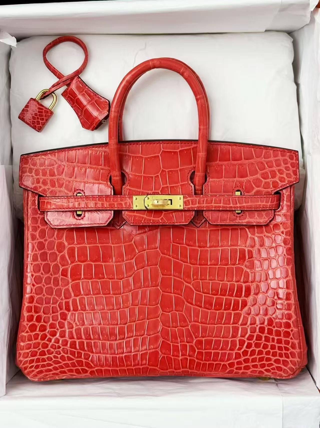 Hermes Birkin 25 bougainvillea shiny porosus gold hardware