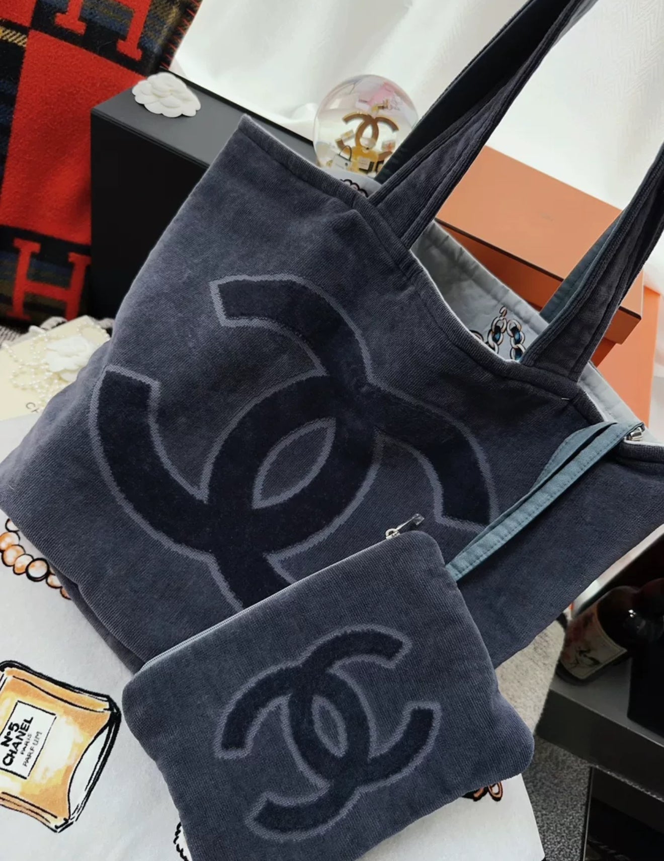 Chanel 20A limited edition gray graffiti beach bag & towel set