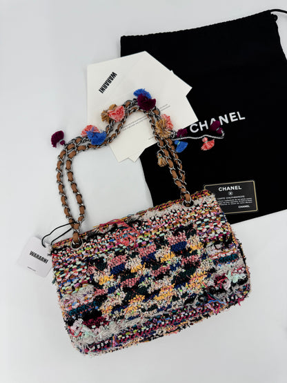 Chanel Pom Pom CC Quilted Tweed Medium Flap Bag with Ruthenium Hardware