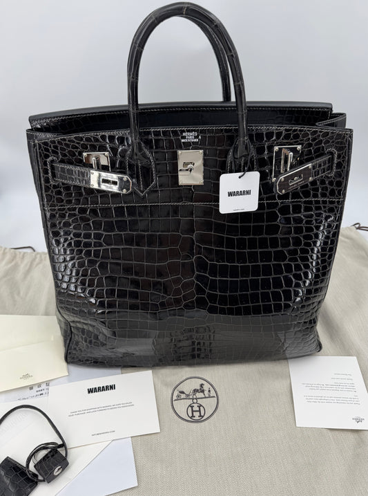 Rare Hermès Birkin HAC 40 Black Shiny Porosus Crocodile Leather Palladium Hardware