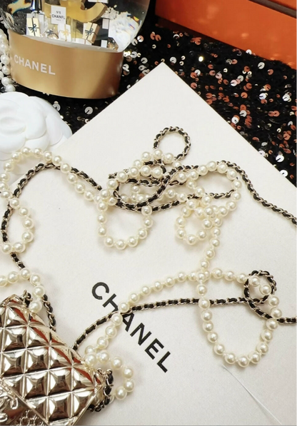 Chanel 21SS Silver Metal, Black Leather, and Imitation Pearl Classic Flap Micro Bag Necklace