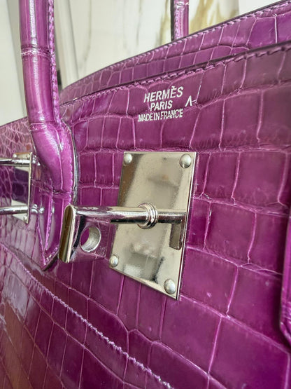 Hermes Birkin HAC 40 Violet Shiny porosus crocodile leather palladium hardware
