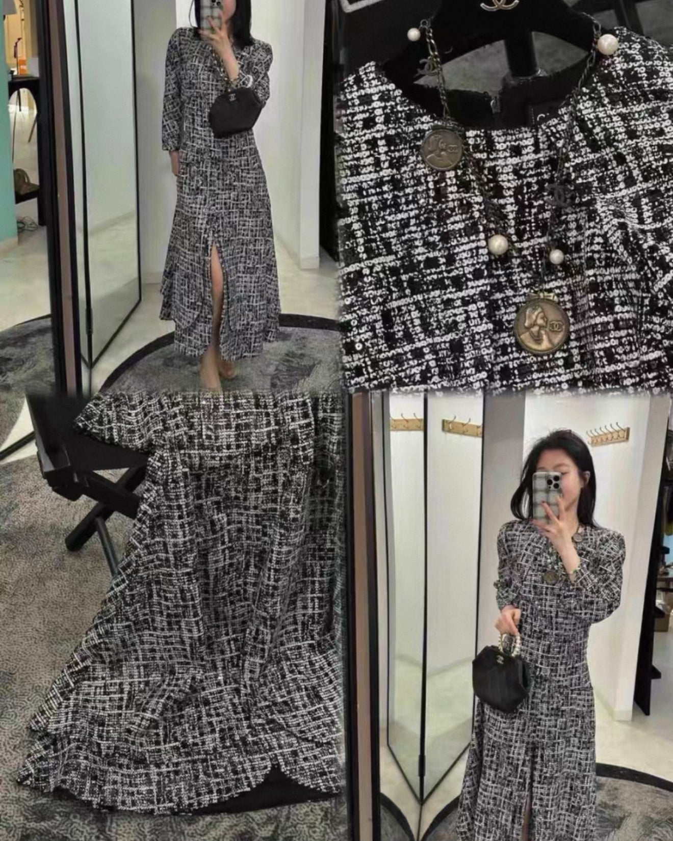 Chanel 19K Black and White Sequinned tweed Cape Dress F36