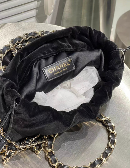 CHANEL 2021 RUNWAY BLACK VELVET DRAWSTRING BAG WITH GOLD HARDWARE