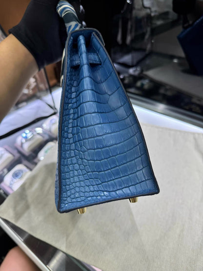 Hermes Kelly 25 Bleu Mykonos Matte Crocodile Leather Gold Hardware