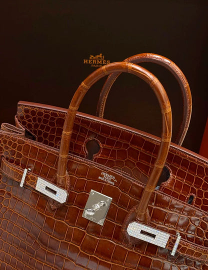 Hermes Birkin 35 Miel Honey Brown Shinny Crocodile Leather with Diamond Hardware