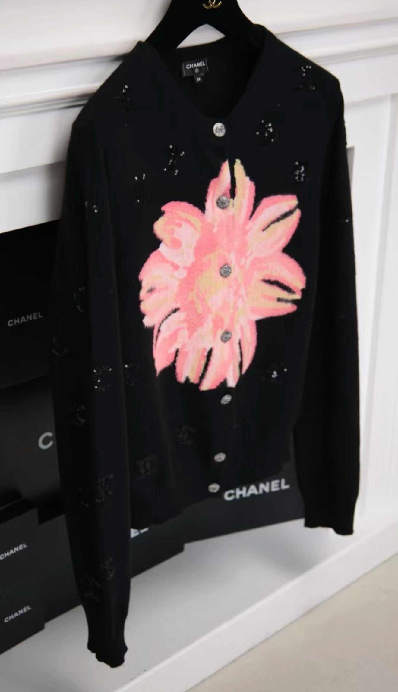Chanel 24S Camellia Sequin CC Knit Cardigan