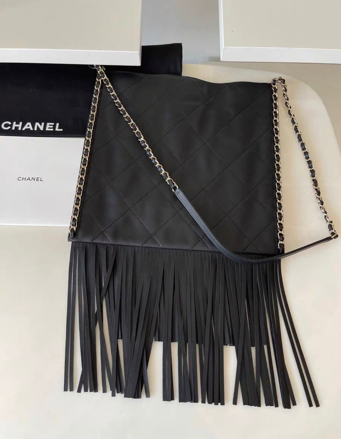 Chanel Black Leather Fringe Shopping Bag