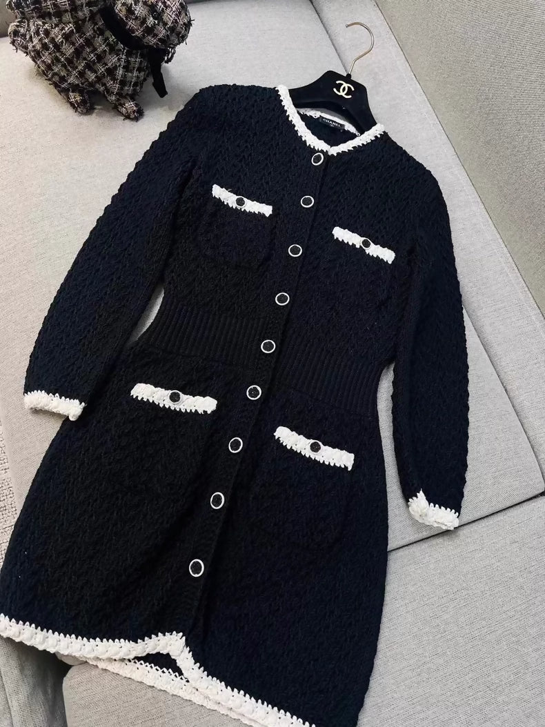 Chanel 22C black and white camellia button dress