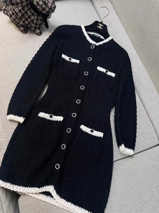 Chanel 22C black and white camellia button dress