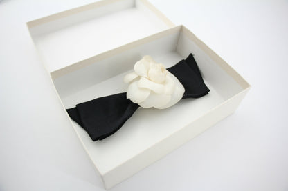 Chanel Vintage 81-85 Satin Silk Black Camellia Bow Hair Clip