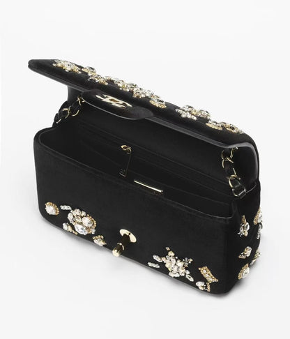 Chanel Fall-Winter 2025/26 MINI CLASSIC HANDBAG Velvet, Strass, Imitation Pearls & Gold-Tone Metal 
Black, Crystal & Golden