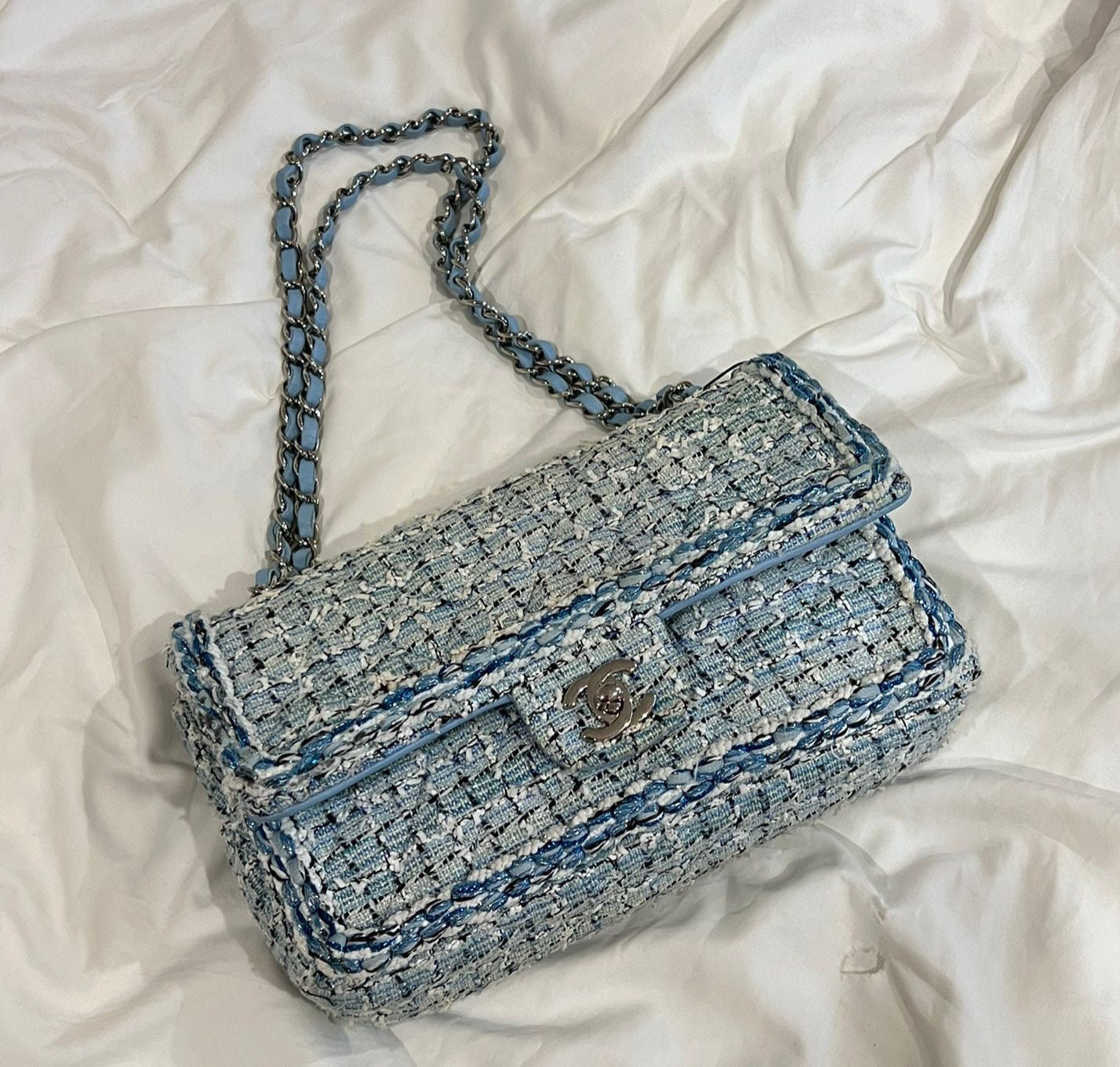 Chanel Classic Double Flap Bag Bleu Braided Quilted Tweed Medium