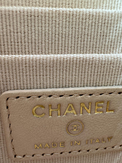 Chanel peach quilted leather coin purse with gold chain strap